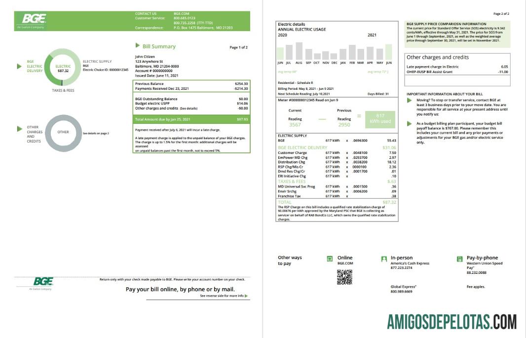 realista Modelo de conta de serviços públicos de gás e eletricidade (BGE) dos EUA Maryland Baltimore em formato Word e PDF (2 páginas)